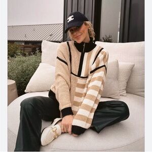 STAUD Beige and Black Striped Turtleneck Sweater